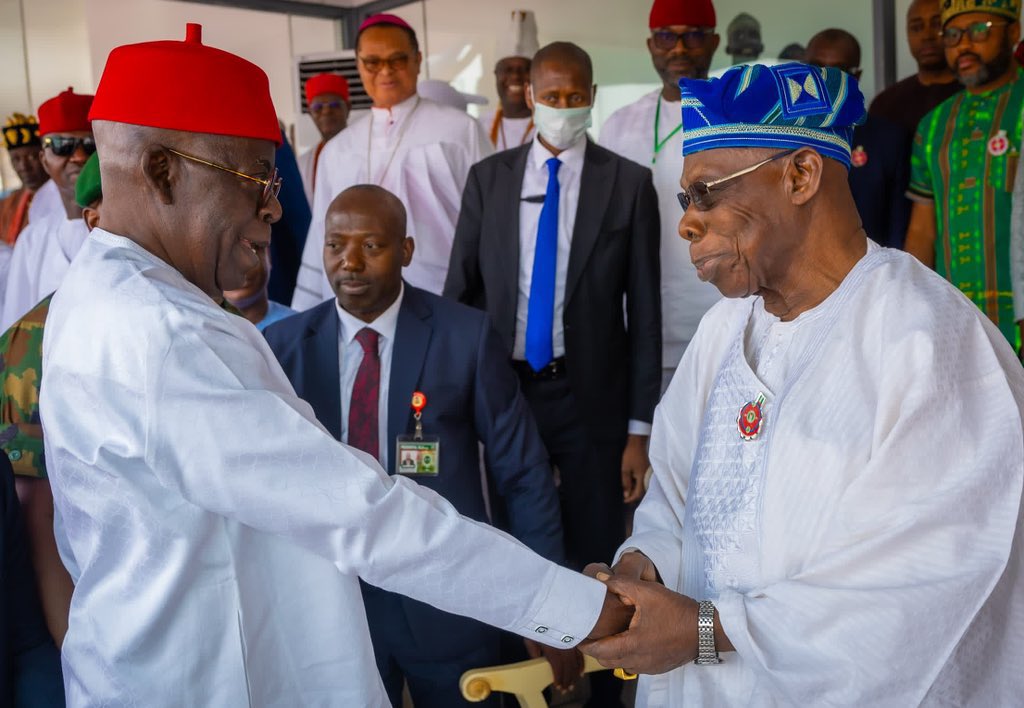 Uzodinma: Tinubu meets, hugs Obasanjo in Imo [PHOTOS]