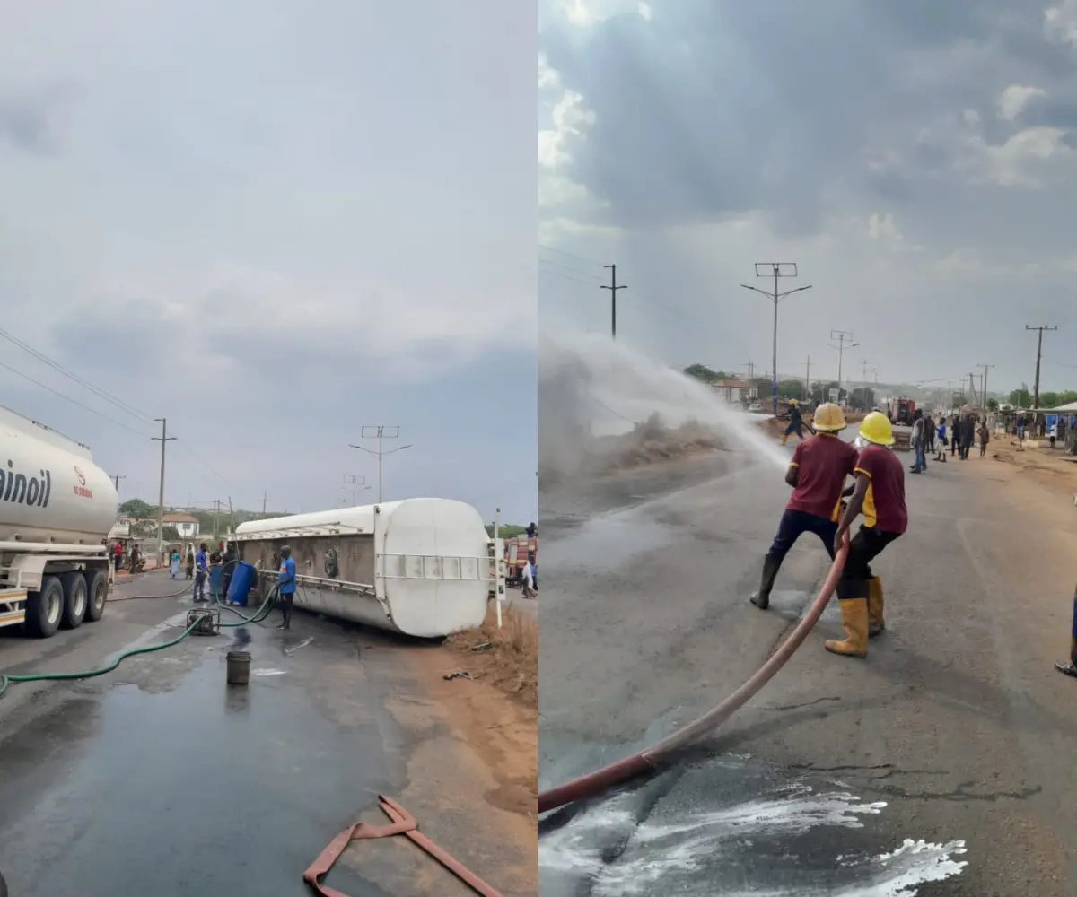 Fire disaster averted in Ilorin as tanker with 50,000 litres of petrol falls on highway