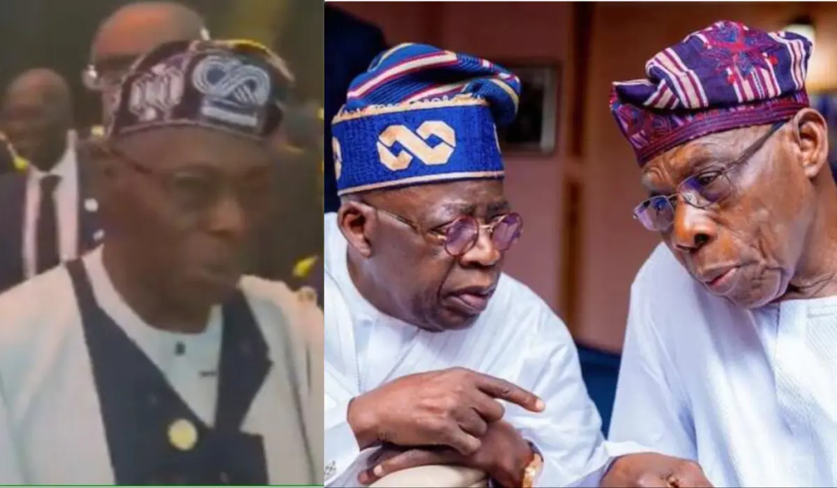 Obasanjo caught wearing Tinubu’s cap (VIDEO)