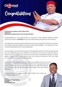 APPOINTMENT: Managing Director of Gloesel Ltd Congratulates Chief Enyiekere on his Appointment 